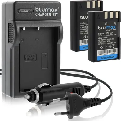 Produktbild von 2x Akku + Lader für Nikon EN-EL9 DSLR D40 D60 D3000 D5000 1000 mAh (7,2V)
