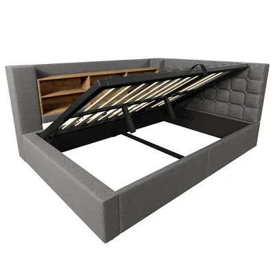 Produktbild von Flieks Hydraulisches Schlafsofa 140x200cm mit Stauraum, Polstebett mit USB, Jugendbett mit Led und offenen Staufächern, Doppelbett Leinen, Grau
