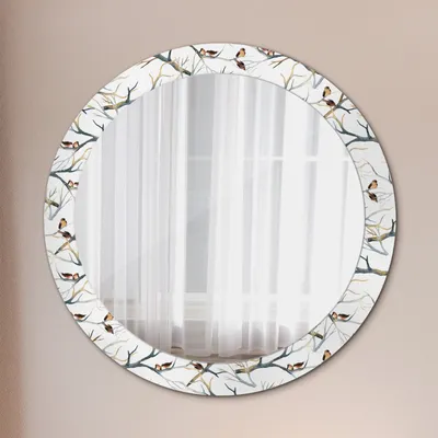 Produktbild von Ø80cm Spiegel - Glasrahmen mit Aufdruck - Wandspiegel Schlafzimmer - Spatzen Vögel Äste