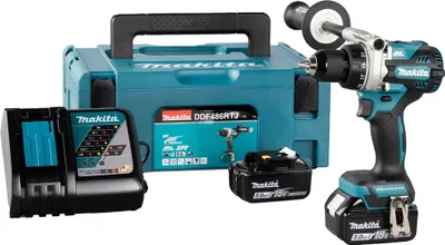 A Makita cordless drill set including the drill, two batteries, a charger, and a carrying case, displayed on a white background.