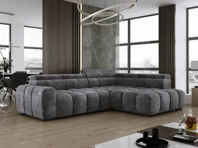 Image de DomoHome Canapé d'angle indépendant Ombo 297x137cm, Forme L, GRIS FONCE avec fonction sommeil 125x193cm, Canapé avec dossier réglable, Tissu structuré Eden, Appuie-tête réglable