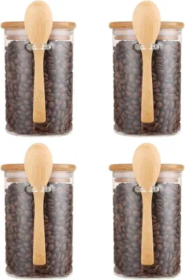 Produktbild von Holzbehälter mit Deckel und Löffel - 4-teiliges Set - 450ml Mahlzeitvorbereitungsgläser - Holzdeckel für Speiseeisenspeicherung - Kaffee - Tee - Nüsse