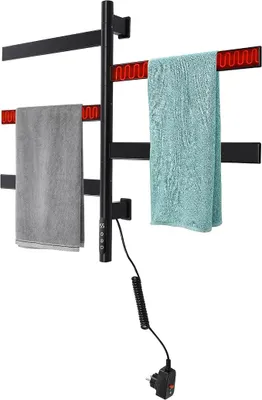 Productafbeelding van Elektrische handdoekradiator, handdoekdroger, 180° draaibaar, met 5 verwarmingselementen en timer, 30-70°C, 120W, zwarte badradiator, IPX5