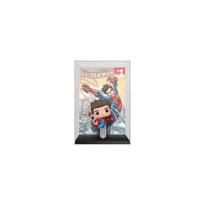 A Funko Pop! figure of Spider-Man is displayed in a clear case in front of a comic book cover.