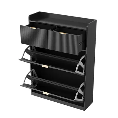 Image de Armoire à chaussures ProximaX en noir avec 2 tiroirs et 2 compartiments rabattables - Rangement peu encombrant pour l'entrée, possibilités d'aménagement stylées