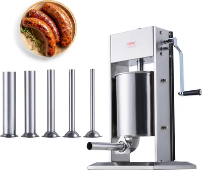 Obrázok produktu pre VEVOR ručná plnička klobás, vertikálny stroj na klobásy s objemom 10 l / 22 libier, plnička mäsa s dvoma rýchlosťami, vyrobená z potravinárskej nehrdzavejúcej ocele 304, vrátane 5 plniacich rúrok, pre domácnosť, kuchyňu, reštauráciu, komerčné použitie