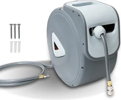 Obrázok produktu pre Automatický navíjací bubon na PVC hadicu – 30 metrov – dĺžka 2 metre – otočný o 180° – nástenný navíjací box na hadicu – 43 x 25 x 41 cm