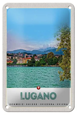 Produktbild von Blechschild Reise 12x18cm Lugano Schweiz See Ausblick auf Stadt Schild