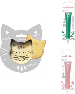 Produktbild von Kekspackung mit Katzenrelief + 2 pastellgrüne und rosa Schokoladenstifte