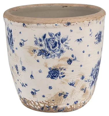 Productafbeelding van Clayre & Eef bloempot, diameter 13 cm, hoogte 12 cm, beige, blauw, keramiek, rozenmotief