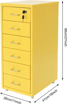 Zdjęcie produktu dla Metalowa szafka archiwizacyjna na kółkach - 6 szuflad - zamykana na klucz - z kółkami - do biura i pracy w domu - 28 x 41 x 69 cm - żółta