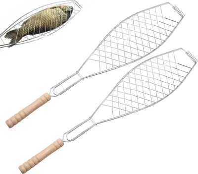 Produktbild von Fischgriller 2er-Set, fisch grillhalter, fischzange zum grillen, Outdoor-Grillzubehör, Griff aus Massivholz, 10*54.5cm
