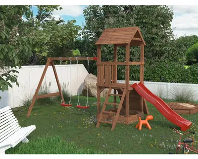 Produktbild von Spielturm Palmako Jesper 361 x 304 cm Holz braun bestehend aus 2 Brettschaukeln, Kletterwand, Sandkasten, Leiter, Plattf