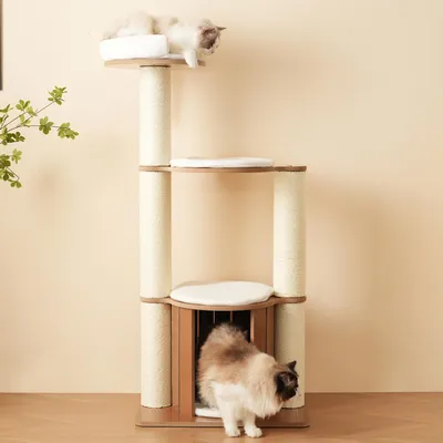 Produktbild von MODFU Katzenbaum 135 cm mit herausnehmbare Matten und Kippschutz,Katzenkratzbaum mit XXL-Stamm und 12 cm dickere Stämme,Katzenklettergerüst mit 3-stufige Plattformen und Katzenhaus,Weiß Katzenklet