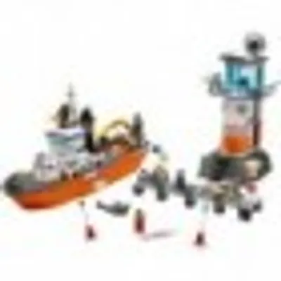 A LEGO set featuring a rescue ship and a coast guard tower.
