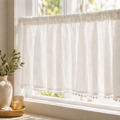 Produktbild von Scheibengardine Leinen Bistrogardine mit Pompon Quaste Halbtransparent Weiß Kurzvorhang Gardine für Küche Wohnzimmer Schlafzimmer, B132xH46cm