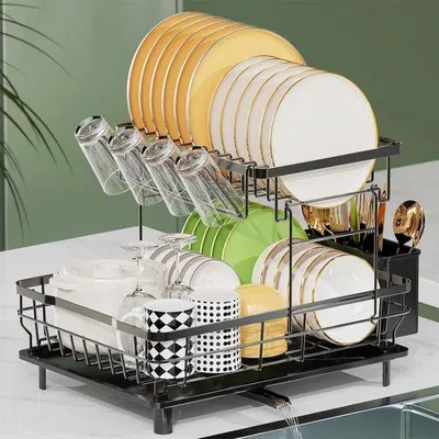 Produktbild von Abtropfgestell 2 Ebenen Edelstahl - Abnehmbares Abtropfgestell Organizer Set (schwarz)