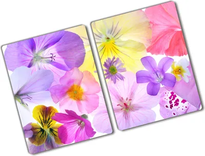 Produktbild von Tulup Glas Herdabdeckplatte - 2x40x52 cm - Glaskeramikkochfeld-Abdeckung Spritzschutz Glasabdeckplatte Kochplattenabdeckung und Schneidebrett - Zweiteilig - Blumen & Pflanzen - Stiefmütterchen - Mehrfarbig