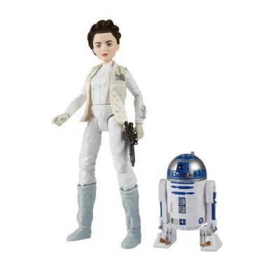 A Star Wars Princess Leia action figure and R2-D2 droid are displayed against a white background.