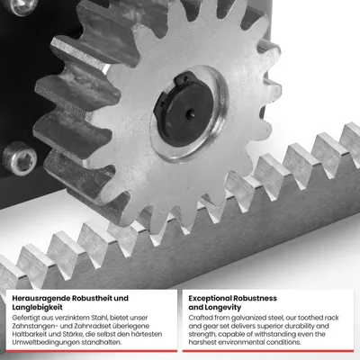 Close-up of a toothed rack and gear set, with text describing its features.
