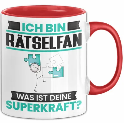Produktbild von Rätselfan Tasse Geschenk für Rätselfan Geburtstag Lustiger Spruch Kaffee-Becher Was Ist Deine Superkraft (Rot)