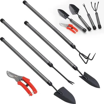 Immagine prodotto di Set di 5 utensili da giardino Unyqoos®, in acciaio inossidabile, con manico regolabile e prolunghe (fino a 16 mm) – paletta da giardino, zappa manuale, sradicatore di erbacce, forbici da giardino