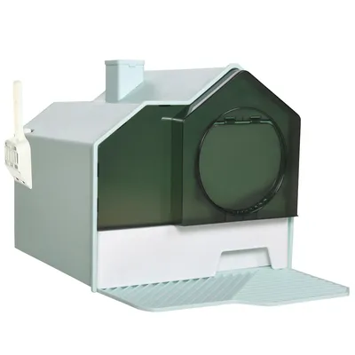 Produktbild von Katzentoilette mit Deckel Hütten-Design - Siebvorleger, Streuschaufel, Grün