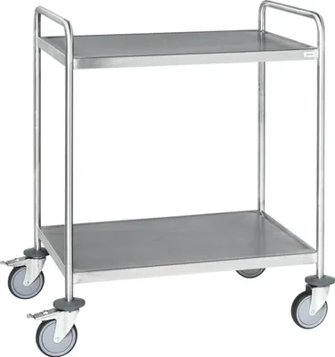 Produktbild von Kongamek Edelstahl- Tischwagen vollständig geschweißt mit Schiebegriffen, 2 Ladeflächen 1050x550mm Gummibereifung rostfrei und Bremse