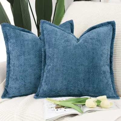 Immagine prodotto di Set di 2 federe per cuscini in velluto di microfibra, con bordo, colore blu scuro, 60x60 cm