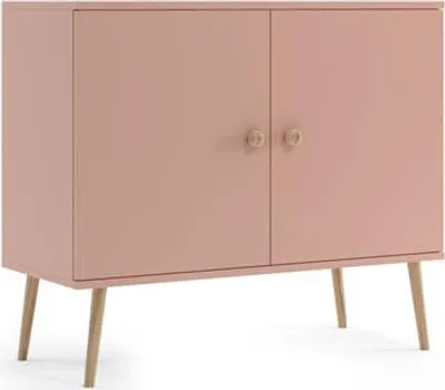 A pink sideboard with wooden legs and jute handles against a white background.