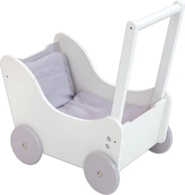 Produktbild von Puppenwagen aus massivem Buchenholz, 50,2x52x26 cm (HBT), Griffhöhe verstellbar, Gummiräder, inkl. Polster & Decke, für Puppen bis 48 cm