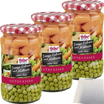 Produktbild von Hofgut Erbsen sehr fein mit Möhren 3er Pack (3x370ml Glas) + usy Block