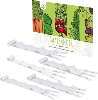 Produktbild von 5m Saatband 5er Set bestehend aus Karotten, Radieschen, Rucola, Feldsalat & Pflücksalat Samen - Ideal für die Anzucht im Garten, Balkonkasten & Gemüsebeet