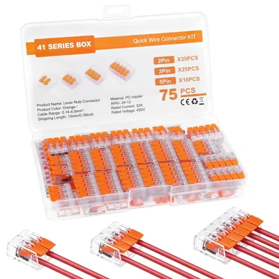 Obrázek produktu pro 75 kusů sady svorkových konektorů, spojovací svorky 2/3/5-pólové, kabelové konektory pro vodiče do 4 mm²