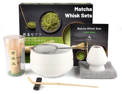 Matcha-Zeremonie-Set, 7-teilig, Keramik, Bambus, mattweiß