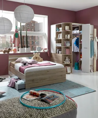 Produktbild von 120 cm Jugendbett mit Bettschubkästen und Eckkleiderschrank inkl. Beleuchtung JOHANNESBURG-43 in Eiche Nb. mit weiß