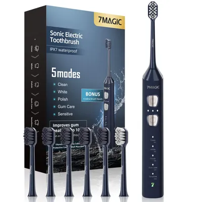 Produktbild von 7MAGIC Elektrische Zahnbürste, Schallzahnbürste, 180 Tage Laufzeit, Blau Leiser Betrieb, 3 Intensitäten, 5 Reinigungsmodi, 40000 VPM, IPX7-Wasserschutz, integrierte Timer-Funktion