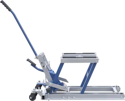 Obrázek produktu pro Zvedák na motocykly – nůžkový zvedák – nosnost 680 kg – výška zdvihu 15–37 cm – plošina 75×35 cm – ocel – modrý