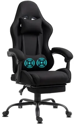 A black gaming chair with a footrest and headrest, shown from a three-quarter view against a white background.