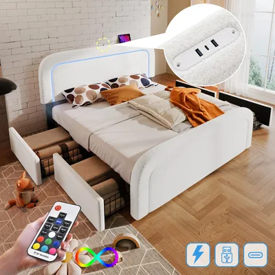 Obrázok produktu pre Postel s USB-C nabíjacím portom, LED osvetlením a 4 zásuvkami, dvojlôžko, čalúnená posteľ 160x200 cm, s nastaviteľnou opierkou