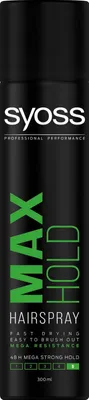 A black can of Syoss Max Hold Hairspray with green and white text.