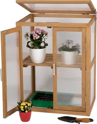 Image de needs&wants® Mini-serre en bois, résistante au froid, pour balcon, jardin, chambre, à l'intérieur, petite serre, 56x43x76 cm, polycarbonate, brun