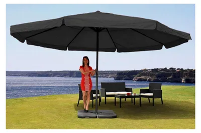 Produktbild von Sonnenschirm Meran Pro-AM, Gastronomie Marktschirm mit Volant Ø 5m Polyester/Alu 28kg - anthrazit mit Ständer