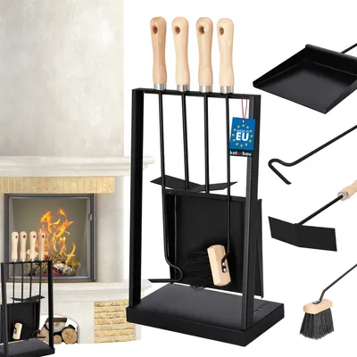 Image de KOTARBAU® Set de cheminée 4 pièces Accessoires de cheminée avec poignées en bois Set de poêle en acier Balai Pelle à poussière tisonnier Gratte-cendres Support
