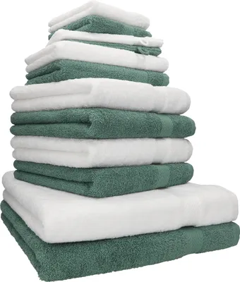 Produktbild von Betz 12-tlg. Handtuch-Set PREMIUM 2 Duschtücher 4 Handtücher 2 Gästetücher 2 Seiftücher 2 Waschhandschuhe  Farbe: weiss / tannengrün