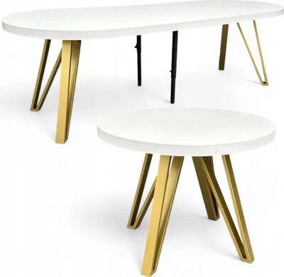 Produktbild von Runder Esstisch Weiß Halbmatt Ausziehbar Ø100/300 cm mit Goldenen Metallbeinen
