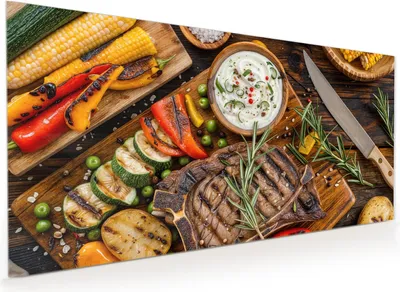 Produktbild von Küchenrückwand Spritzschutz Glas mit Motiv Grillmahlzeit 40 x 40 cm