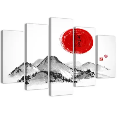 Produktbild von 5-teiliges leinwandbild sonnenschein über japan 200x100 cm Feeby rot wandbild bereit zum aufhängen