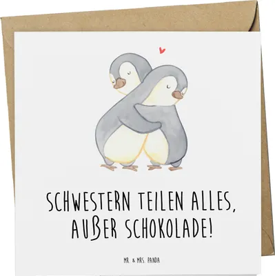 Produktbild von Mr. & Mrs. Panda Klappkarte Schwestern Liebe - Weiß - Geschenk, Teilen, Geburtstage, Geschwisterliebe, Glückwunschkarte, Freude, anlasskarte, Grußkarte, Schokolade, Humor