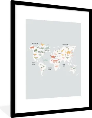 Produktbild von MuchoWow® Gerahmtes Poster Kinderzimmer - Weltkarte - Dinosaurier 60x80 cm - Poster mit Schwarzem Bilderrahmen Wandposter Rahmen Foto Bilder - Wohnzimmer - Dekorationen - Prämie